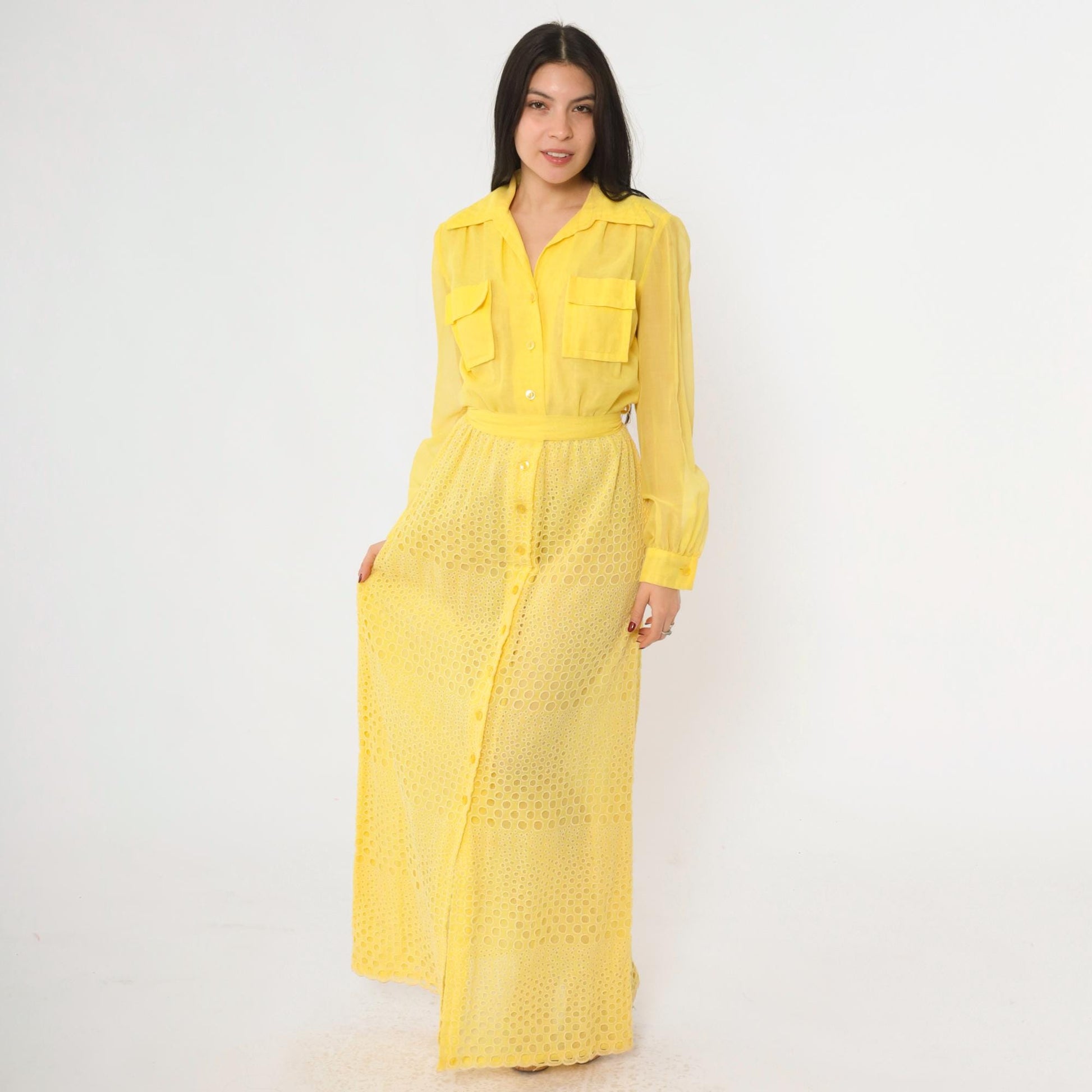 70s Yellow Eyelet Lace Maxi Dress Button-Up High Waist Utility Pockets Small