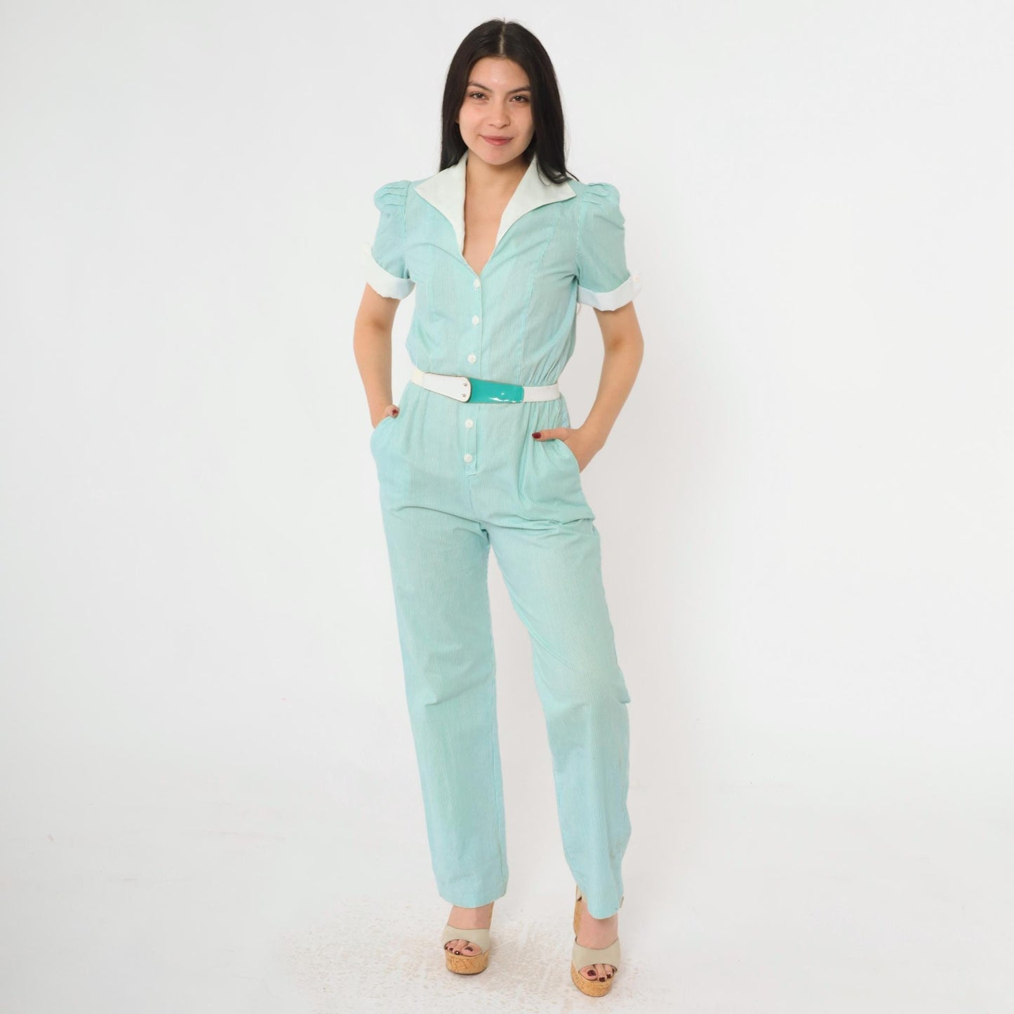 80s Aqua Striped Puff Sleeve Jumpsuit High Waisted Button Up Cotton Extra Small