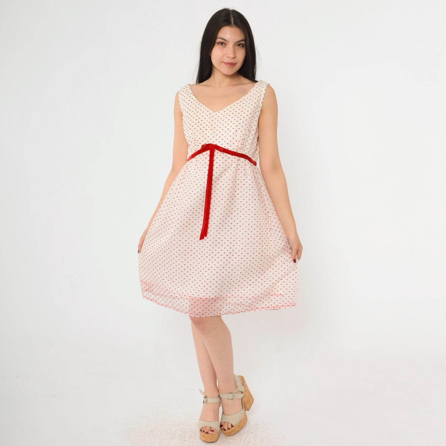 60s White Party Dress Flocked Crown Dot Print Red Velvet Bow Empire Waist Mini Medium
