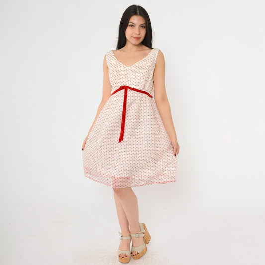 60s White Party Dress Flocked Crown Dot Print Red Velvet Bow Empire Waist Mini Medium