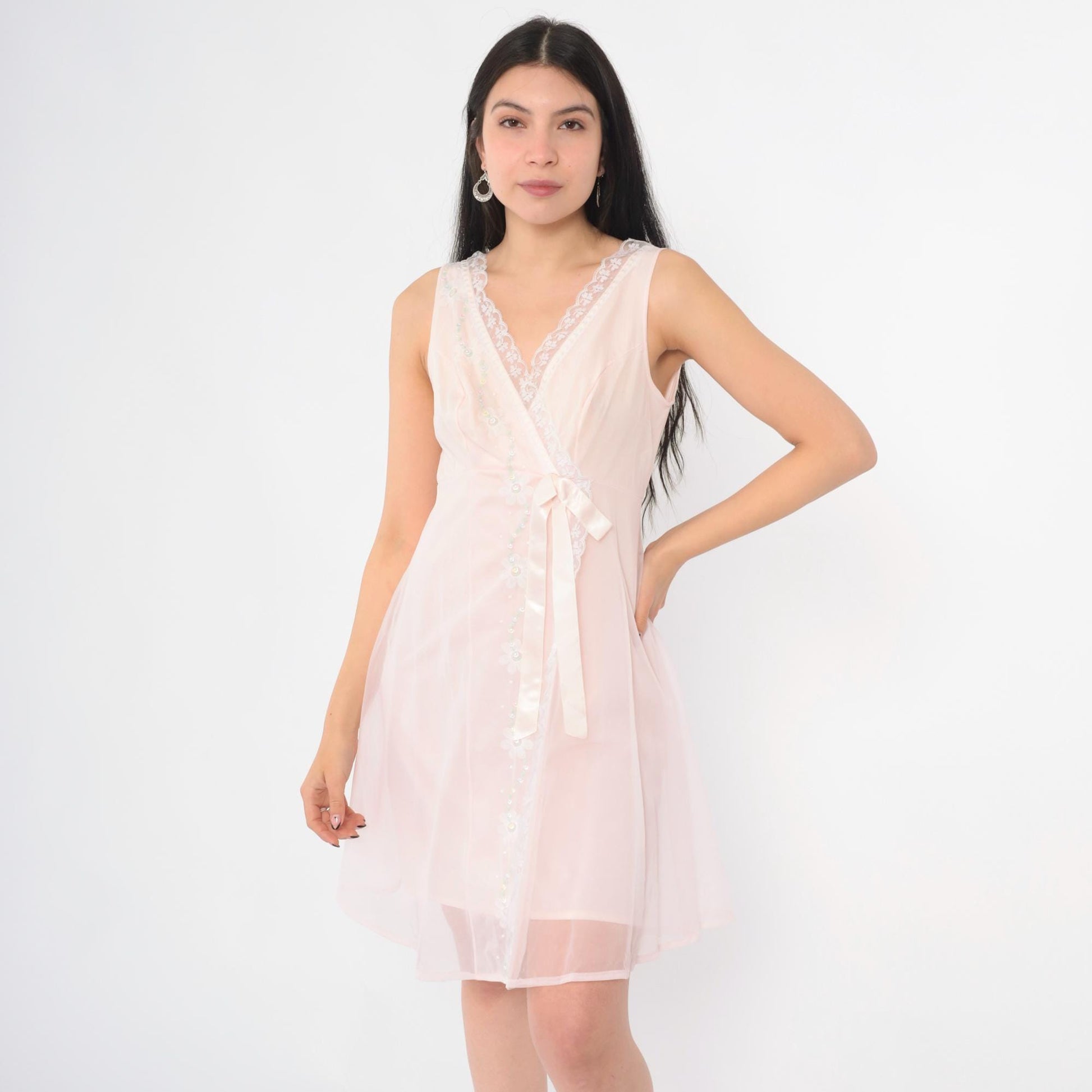 60s Shadowline Baby Pink Nylon Nightgown Floral Embroidered Empire Waist Small