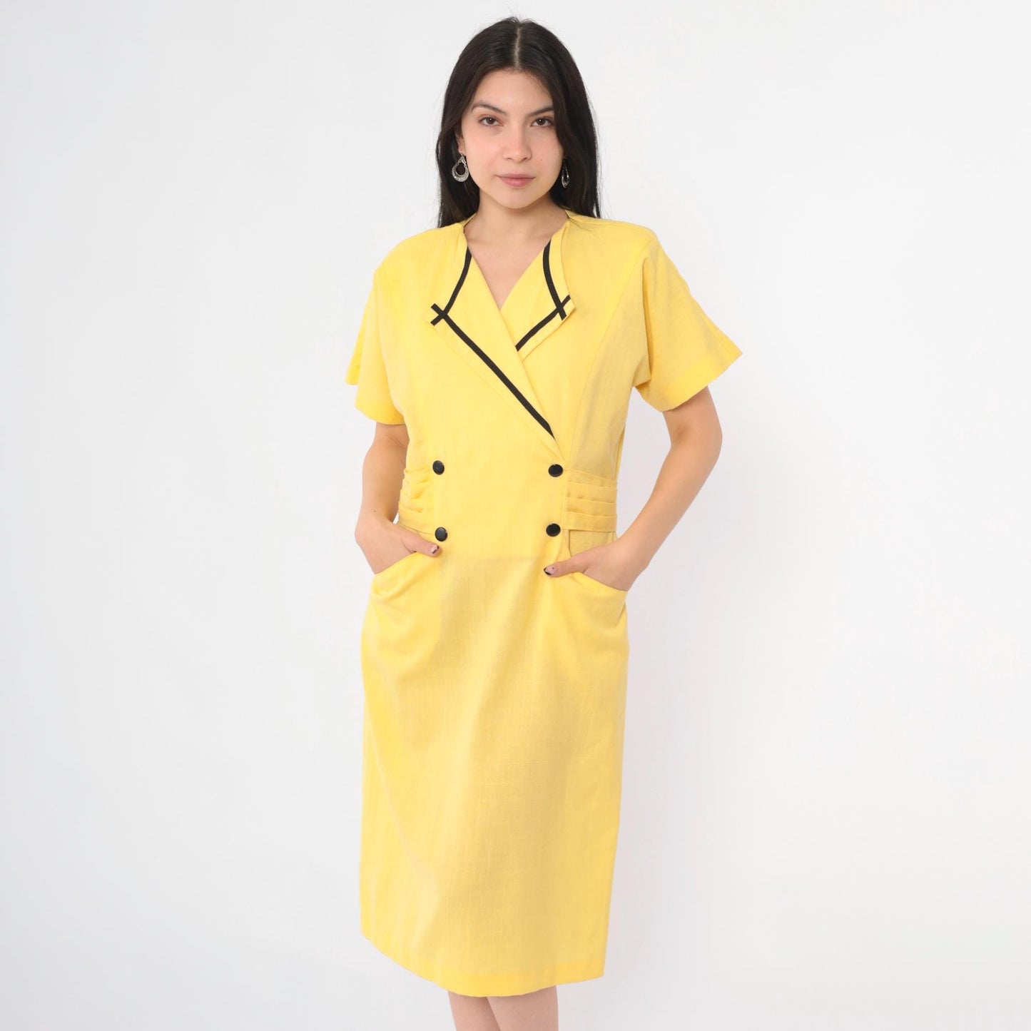80s Damon Petite Yellow Midi Dress Double Breasted Button Front Black Trim Medium