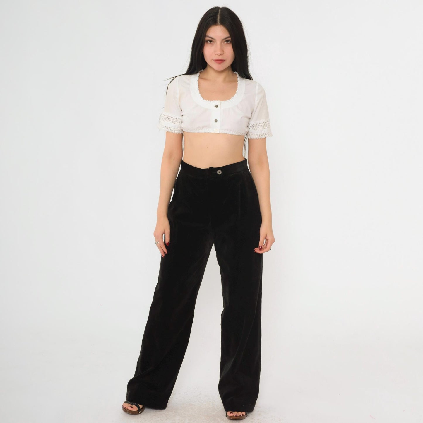 80s Evan Picone Black Velvet High-Waist Wide-Leg Trousers Small