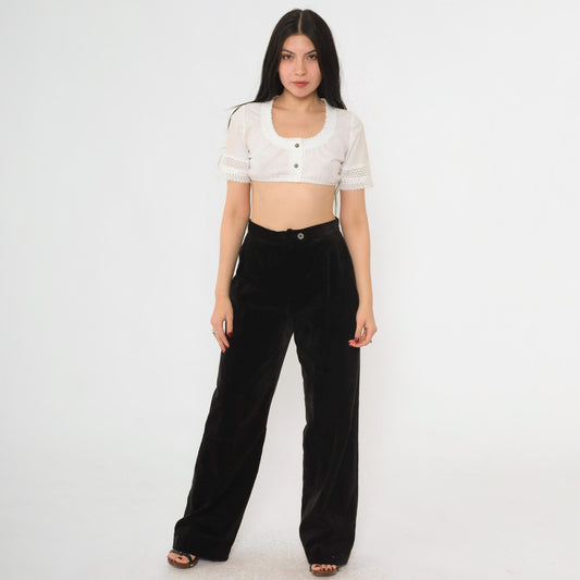 80s Evan Picone Black Velvet High-Waist Wide-Leg Trousers Small