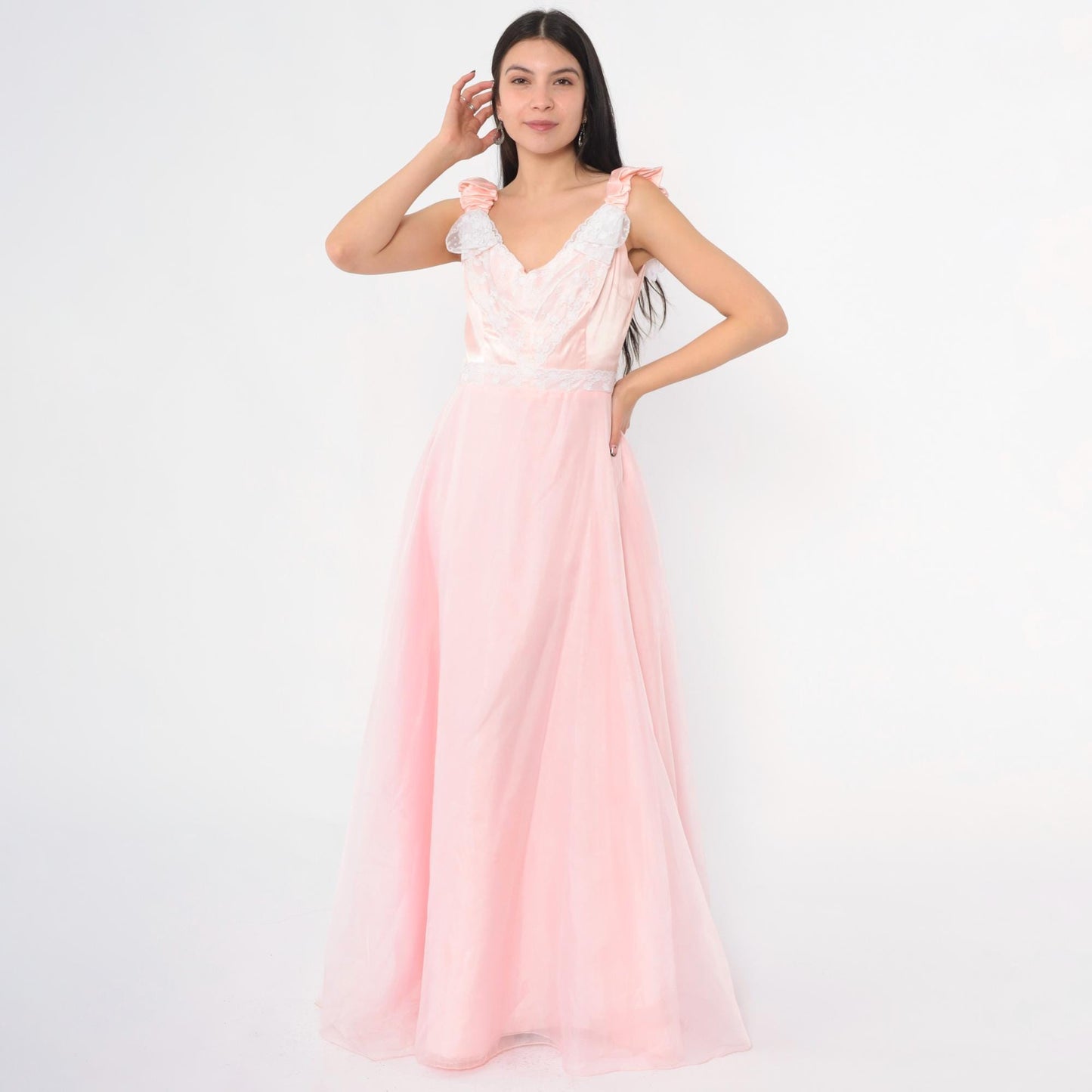 70s Priscilla of Boston Pink Chiffon Maxi Gown Ruched Bow Small
