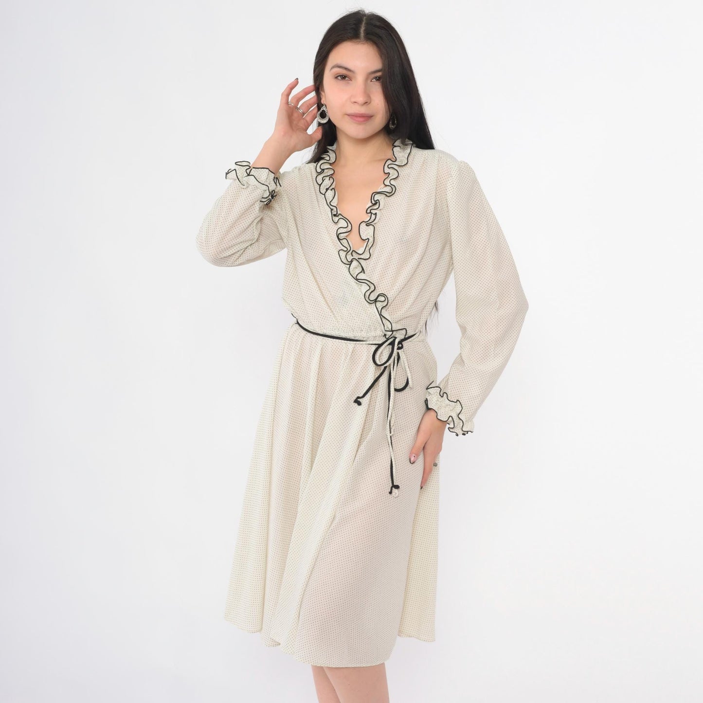 70s White Polka Dot Midi Wrap Dress Puff Sleeve V Neck High Waist Medium M