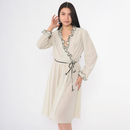 70s White Polka Dot Midi Wrap Dress Puff Sleeve V Neck High Waist Medium M