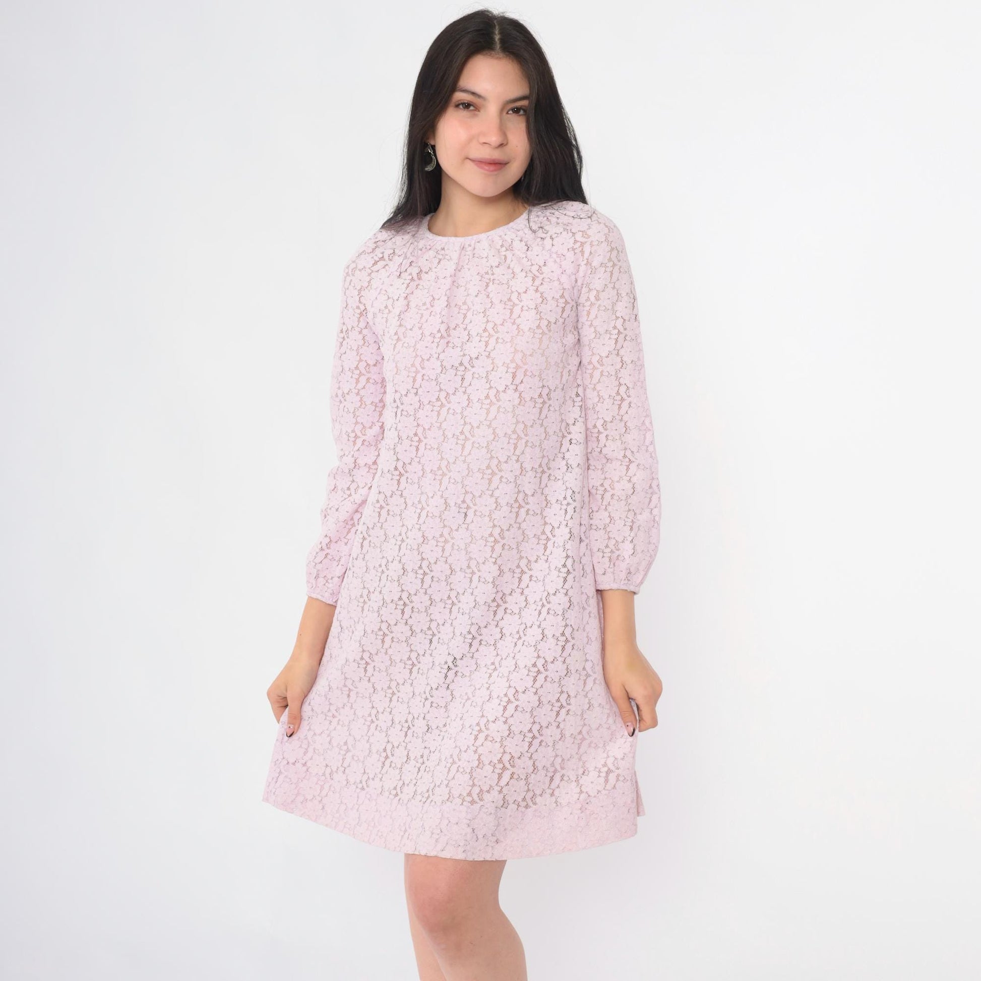 60s Lavender Lace Mini Dress Long Sleeve Shift Party Dress Small S