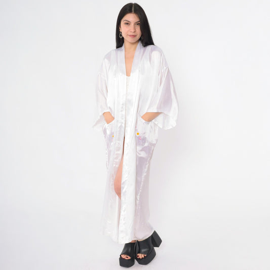 90s Chinese Dragon Embroidered Satin Robe White Wrap Maxi Medium M
