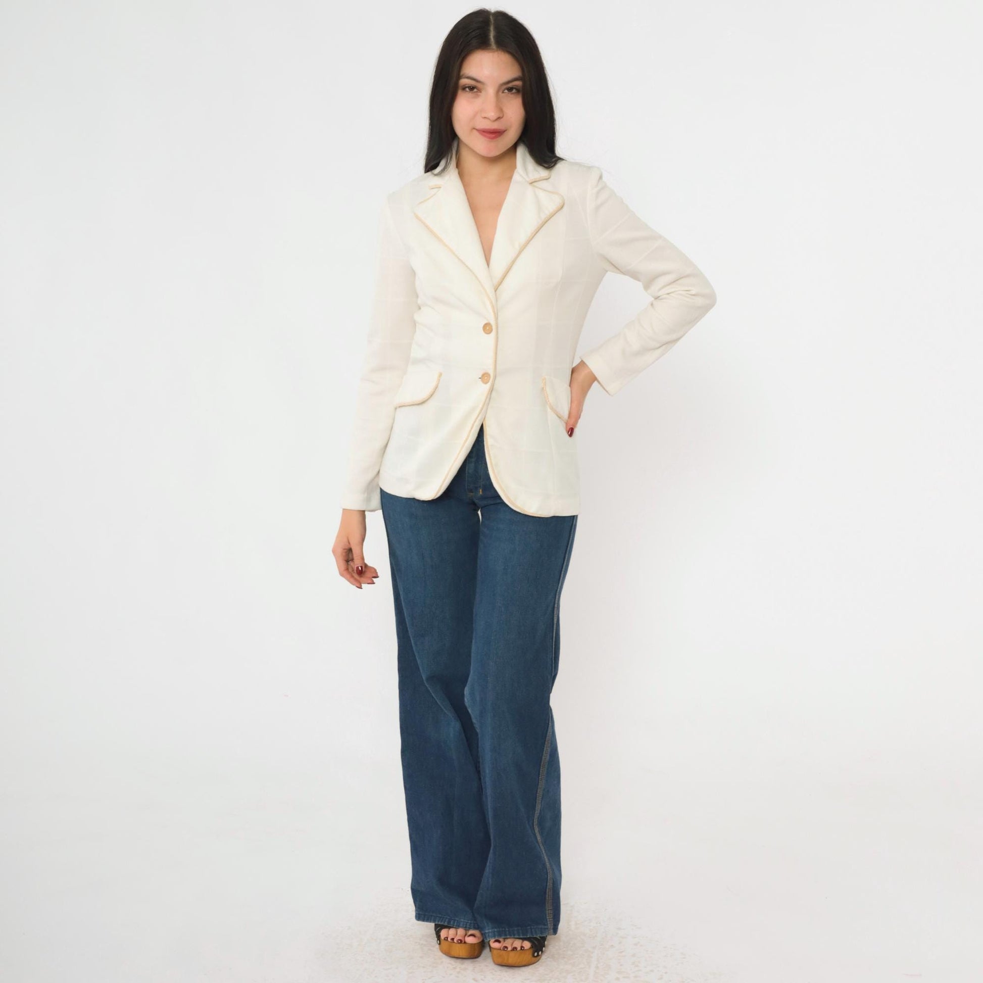 70s White Checkered Blazer Jacket Notched Collar Tan Trim Small