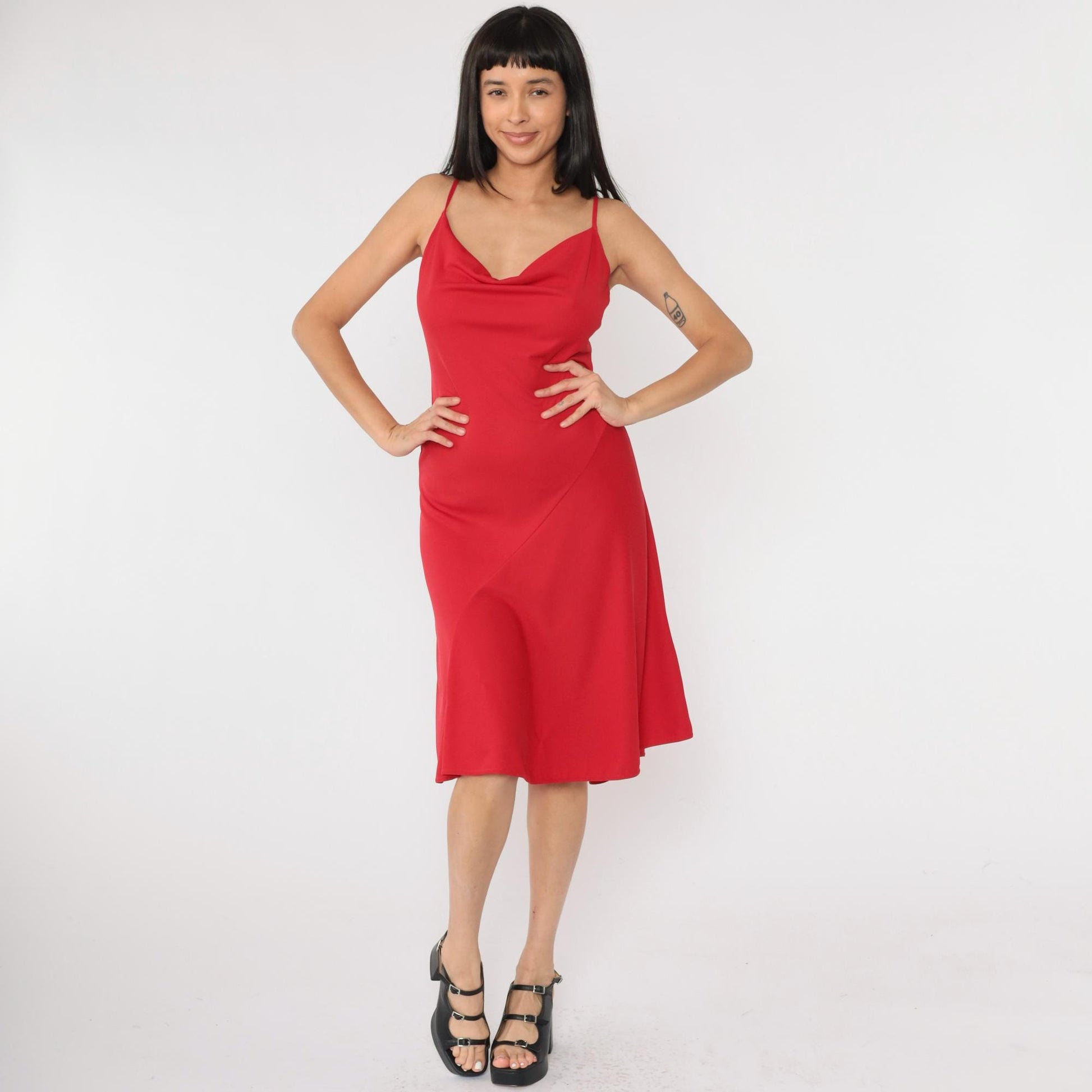 Y2K Red Cowl Neck Midi Dress Spaghetti Strap Fit Flare 00s Medium