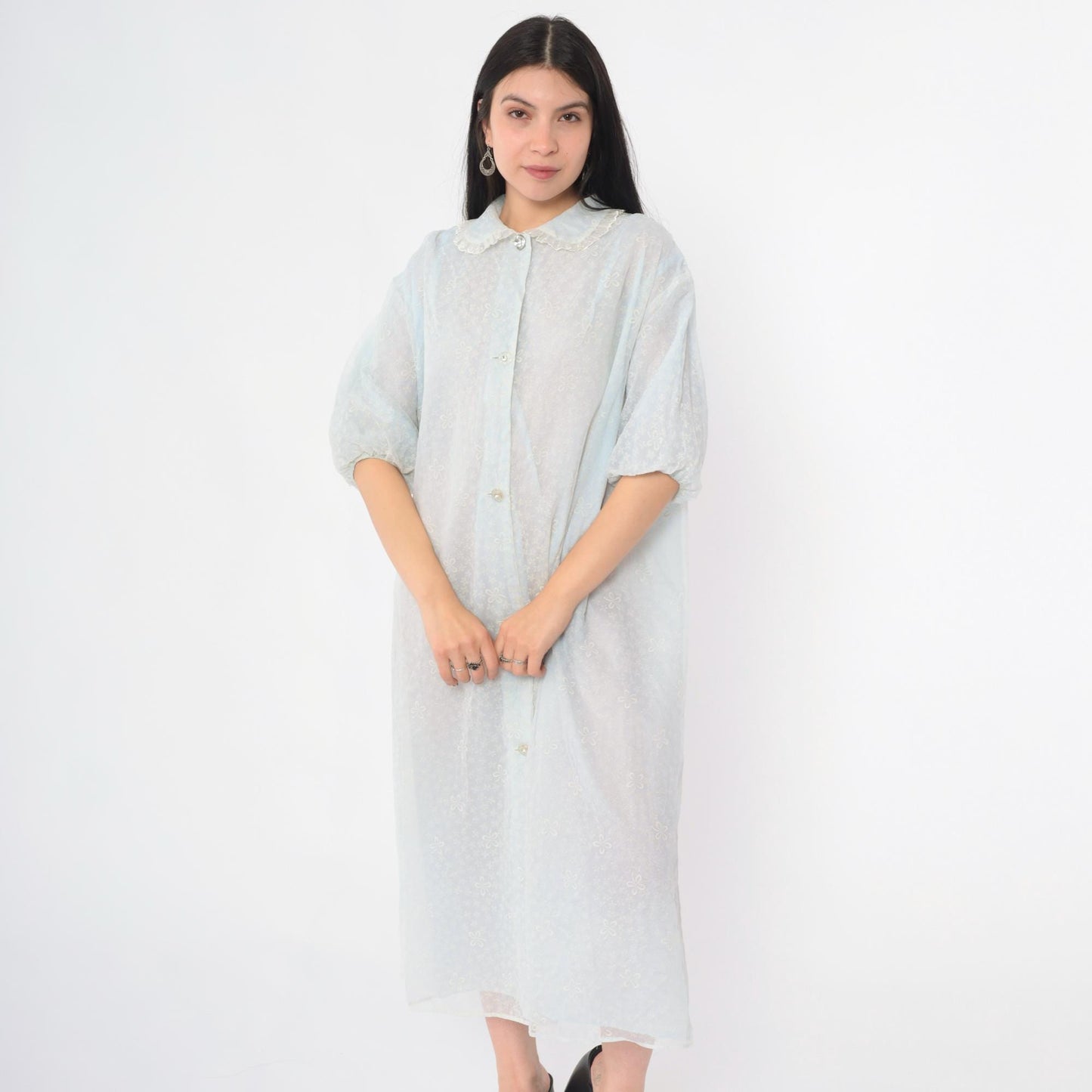 60s Light Blue Chiffon Robe Flocked Floral Peter Pan Collar Peignoir Extra Large