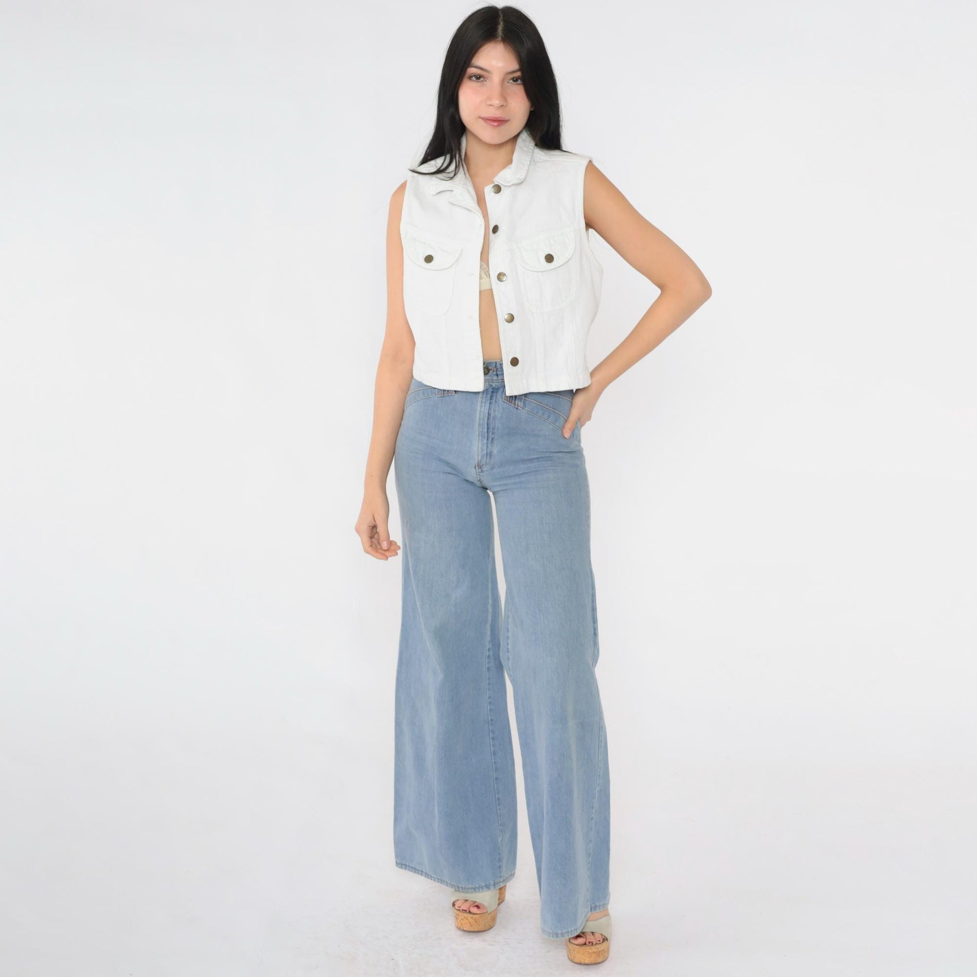 90s White Corduroy Vest Cropped Button-Up Utility Pockets Small