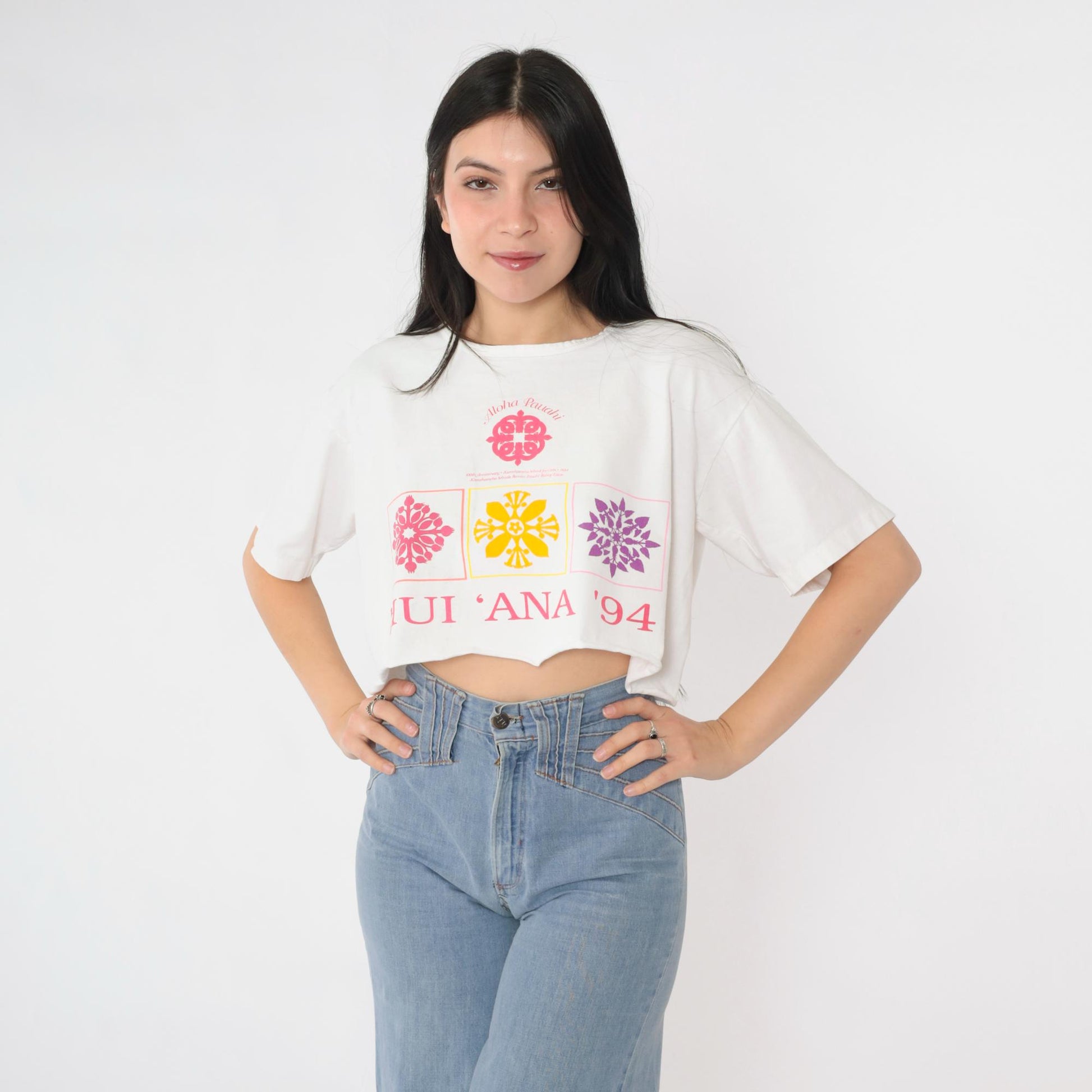 90s Hui Ana 1994 Hawaii Cropped T-Shirt White Graphic Tee Large L