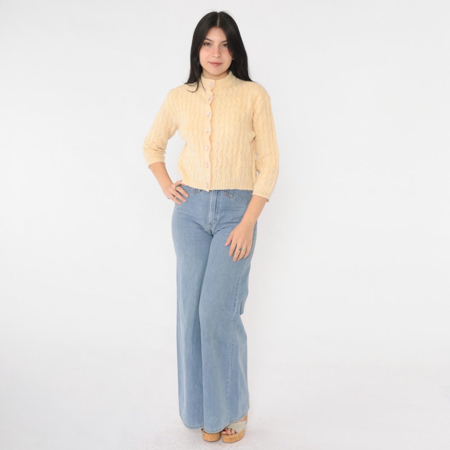 60s Cream Cable Knit Cardigan Cropped Wool Blend Button Up 3/4 Sleeve Extra Small