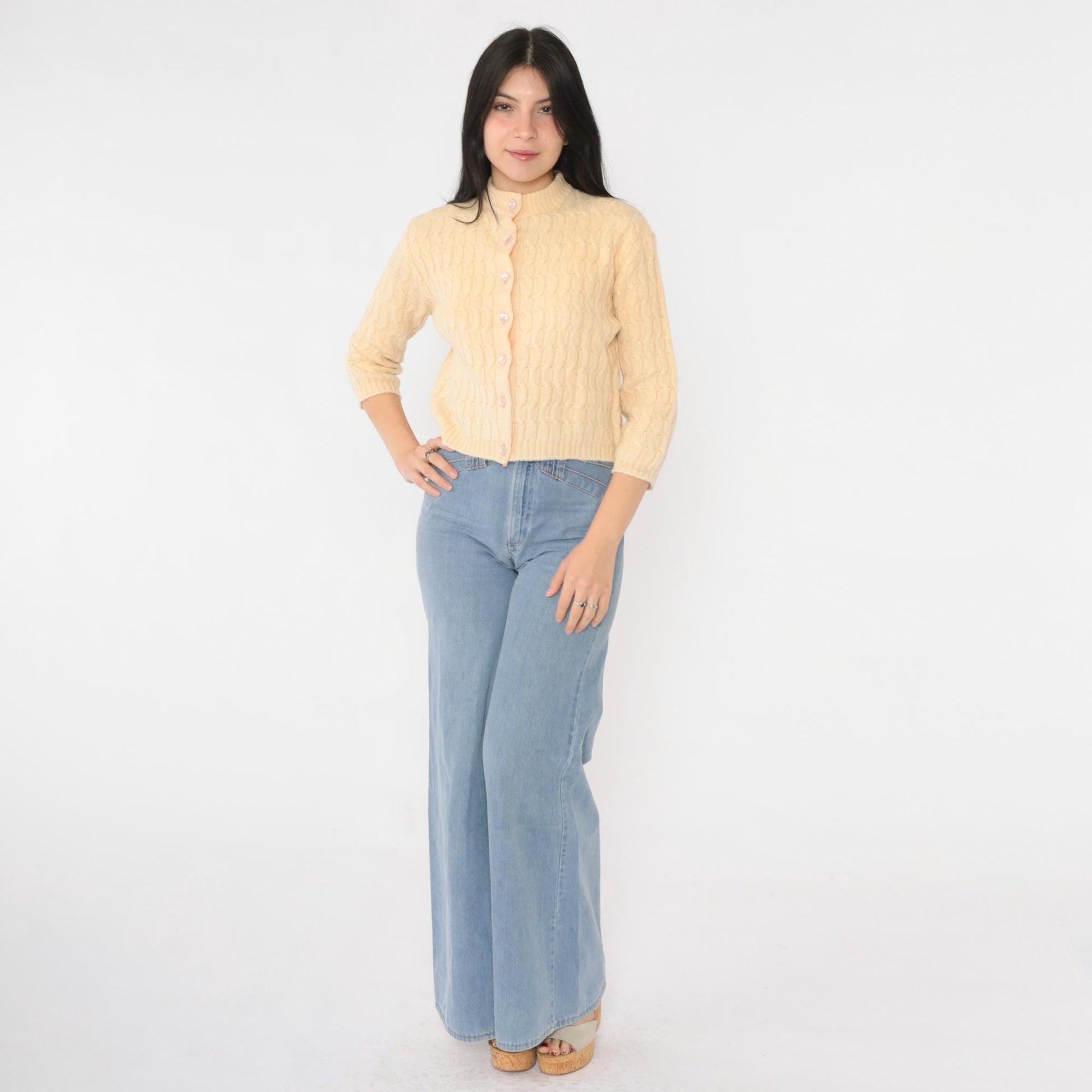 60s Cream Cable Knit Cardigan Cropped Wool Blend Button Up 3/4 Sleeve Extra Small
