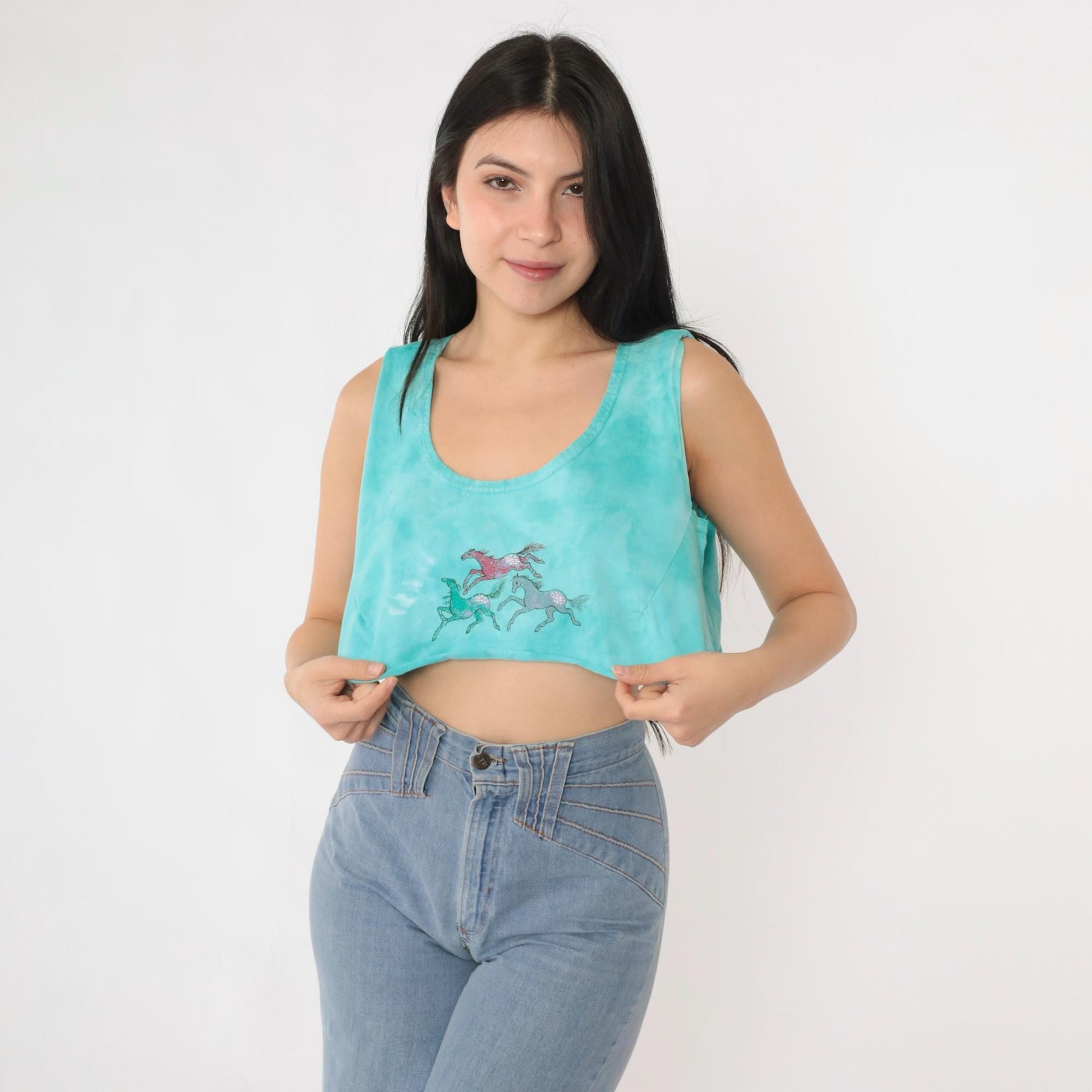 90s Horse Tie Dye Crop Tank Top Turquoise Scoop Neck Small Medium