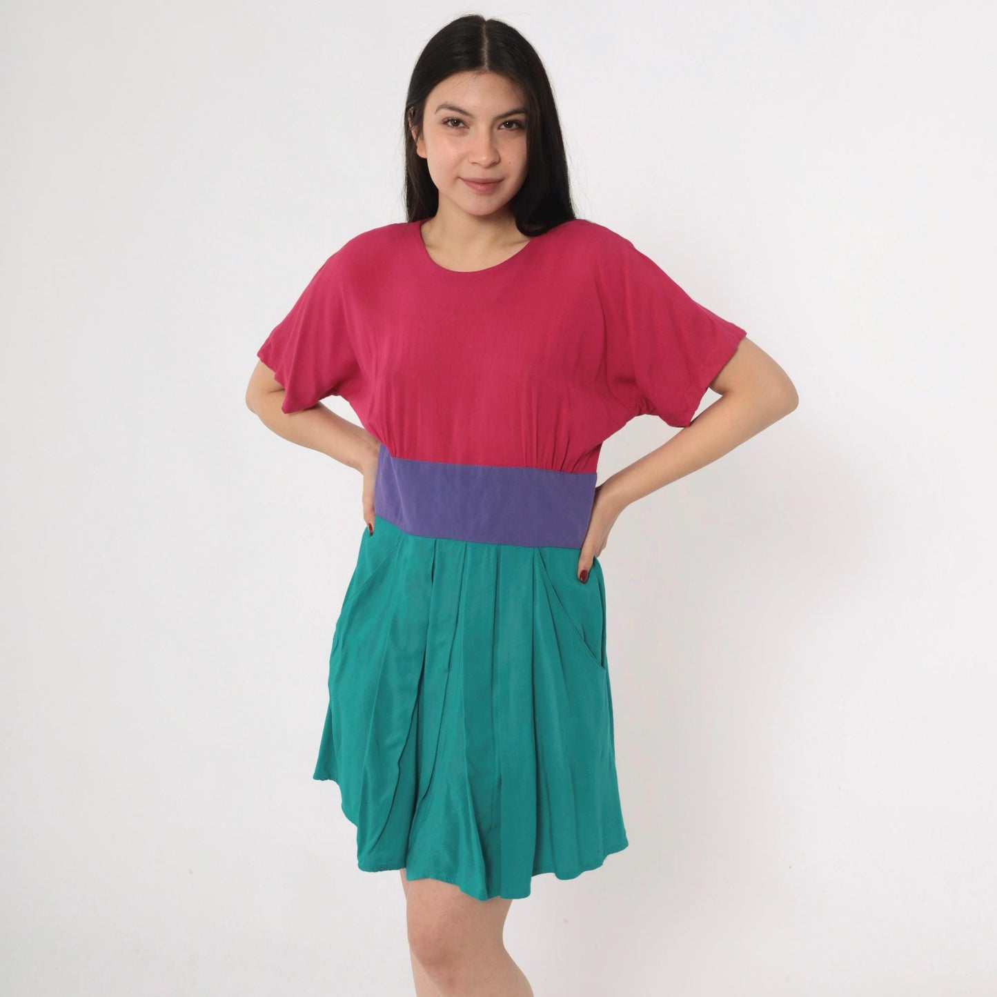 80s Steven Michaels Color Block Mini Dress Fuchsia Teal Purple High Waist Medium