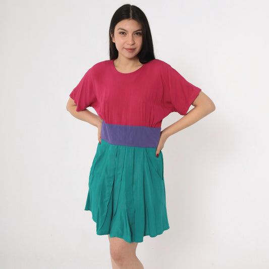 80s Steven Michaels Color Block Mini Dress Fuchsia Teal Purple High Waist Medium