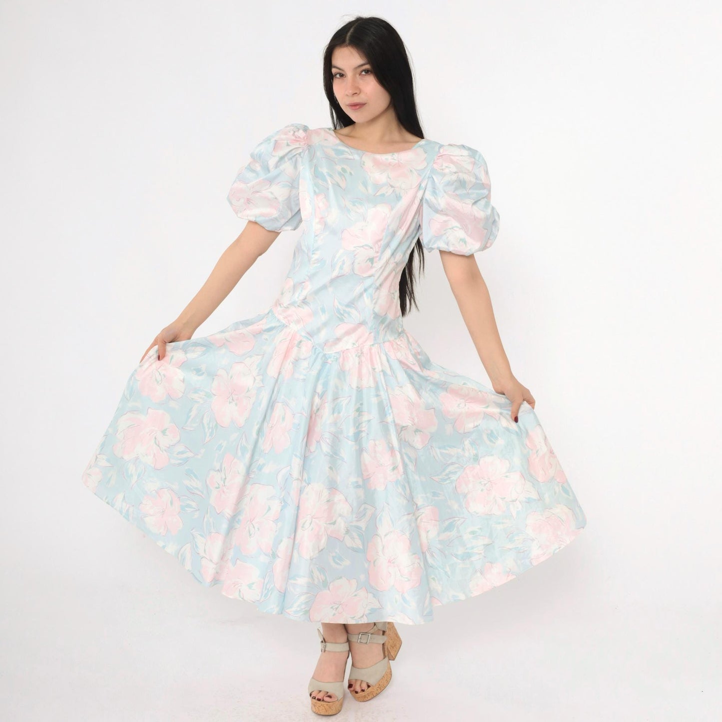 80s Pastel Floral Midi Dress Puff Sleeve Basque Waist Blue Pink Small