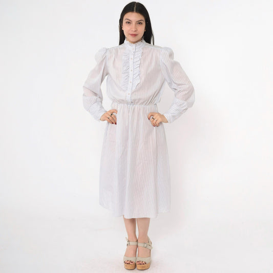 80s Striped Puff Sleeve Midi Dress Grey-Blue Pink White High Waisted Small