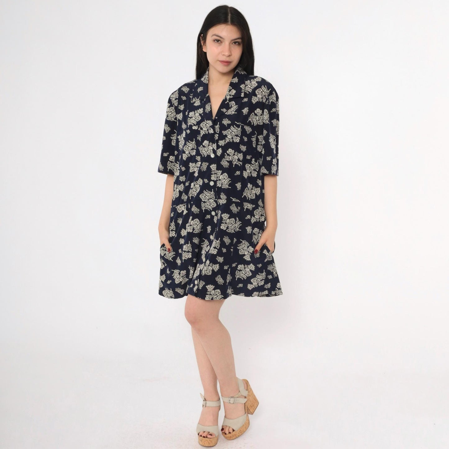 80s Liz Claiborne Navy Floral Midi Dress Drop Waist Button Front Extra Large