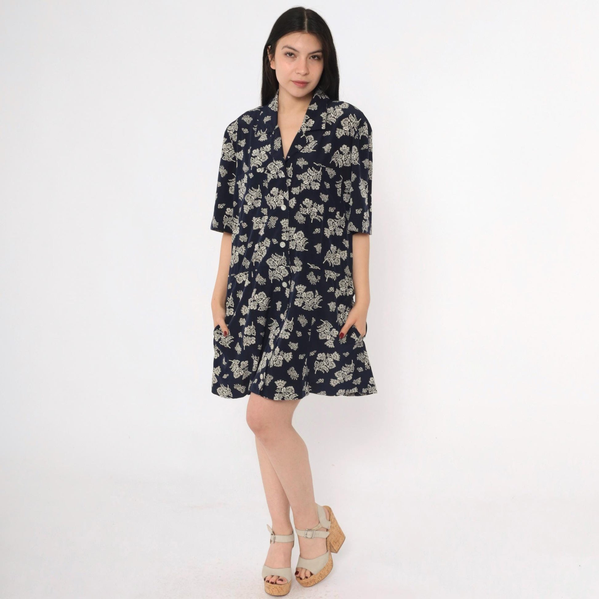 80s Liz Claiborne Navy Floral Midi Dress Drop Waist Button Front Extra Large