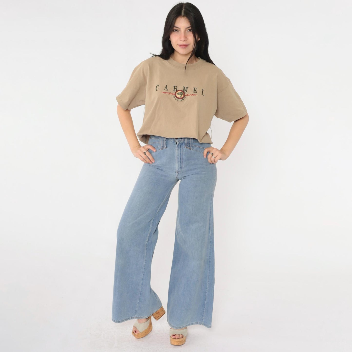 90s Carmel California Embroidered Crop Tee Tan Cotton Large L