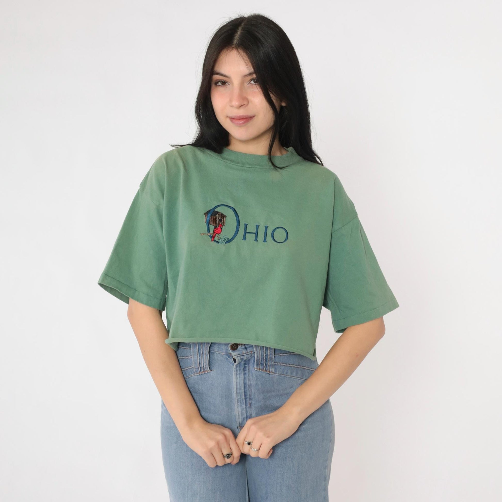 90s Ohio Cardinal Graphic T-Shirt Faded Green Crop Top Medium