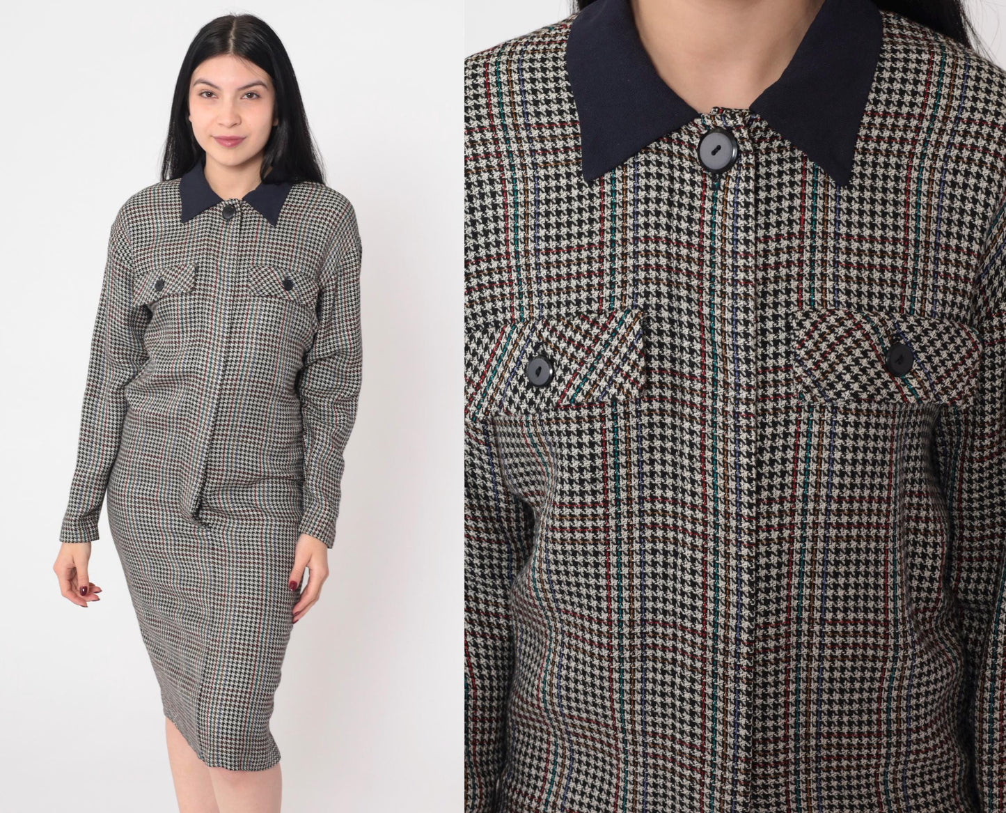 90s Houndstooth Midi Shirtdress Black White Checkered Button-Up Large
