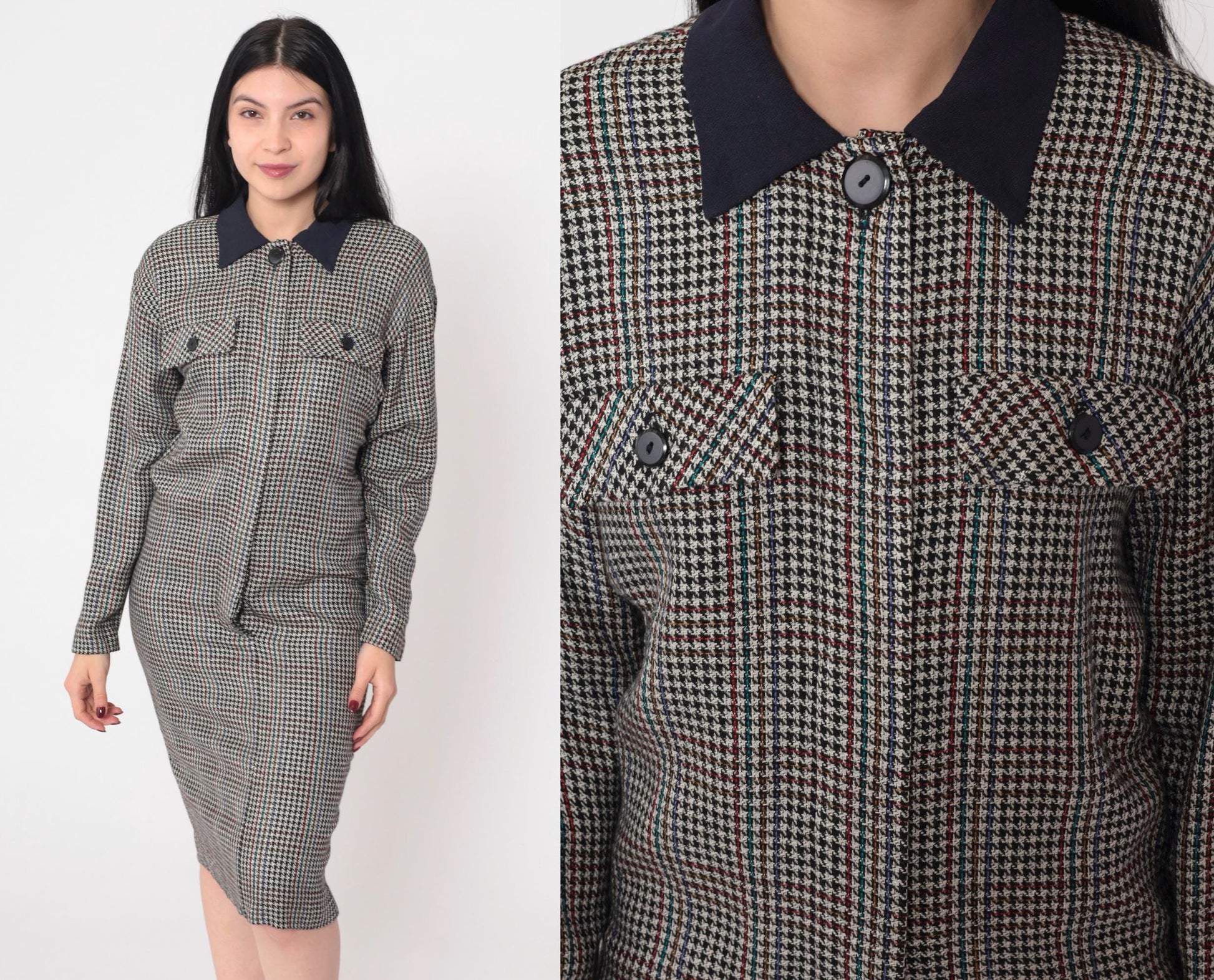 90s Houndstooth Midi Shirtdress Black White Checkered Button-Up Large