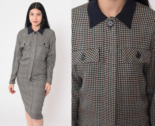90s Houndstooth Midi Shirtdress Black White Checkered Button-Up Large