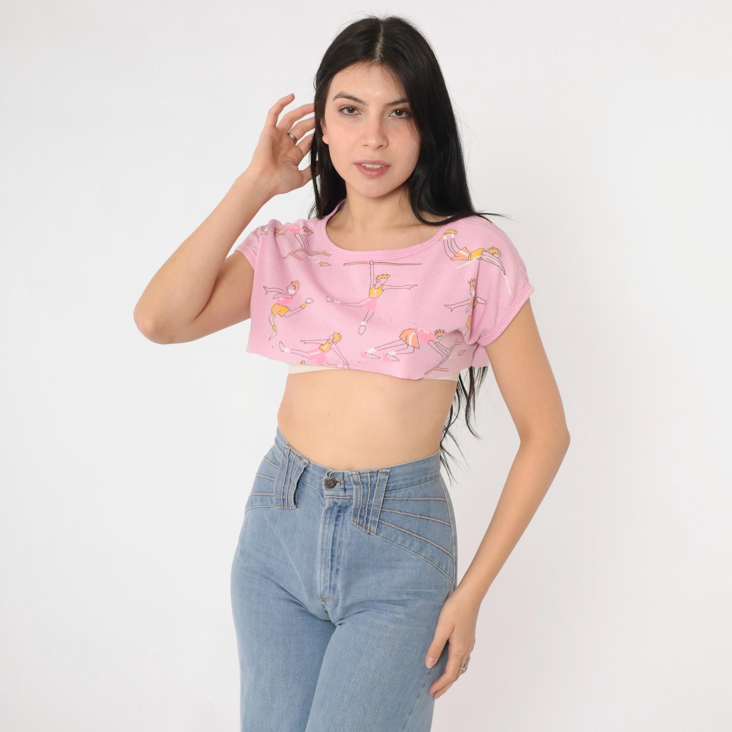 80s Track and Field Crop Top Pink Graphic Tee Cartoon Runners Small