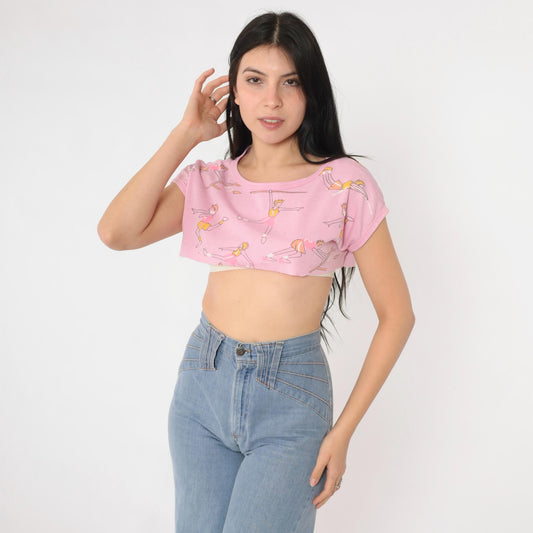 80s Track and Field Crop Top Pink Graphic Tee Cartoon Runners Small