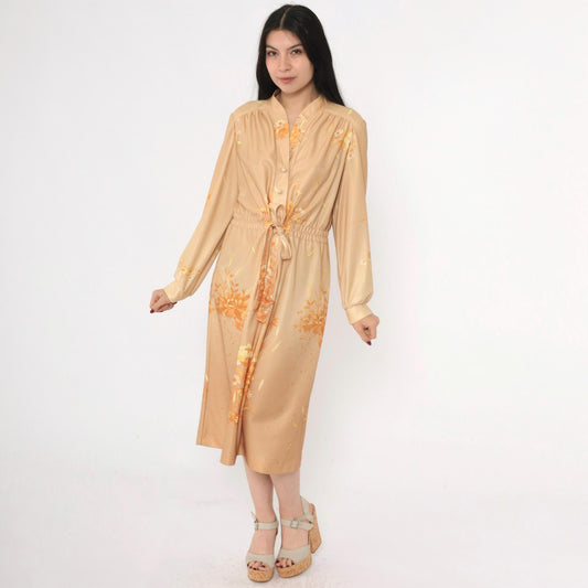 70s Tan Floral Midi Dress Button-Up Smocked Waist Tie Belt Long Sleeve Medium