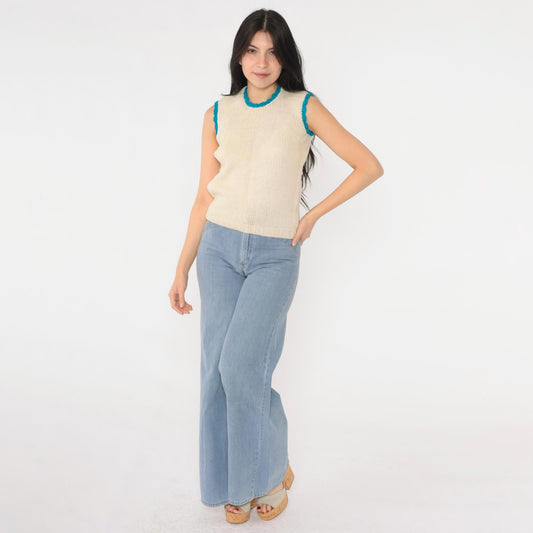 70s Cream Knit Tank Top Blue Scalloped Trim Keyhole Back Small