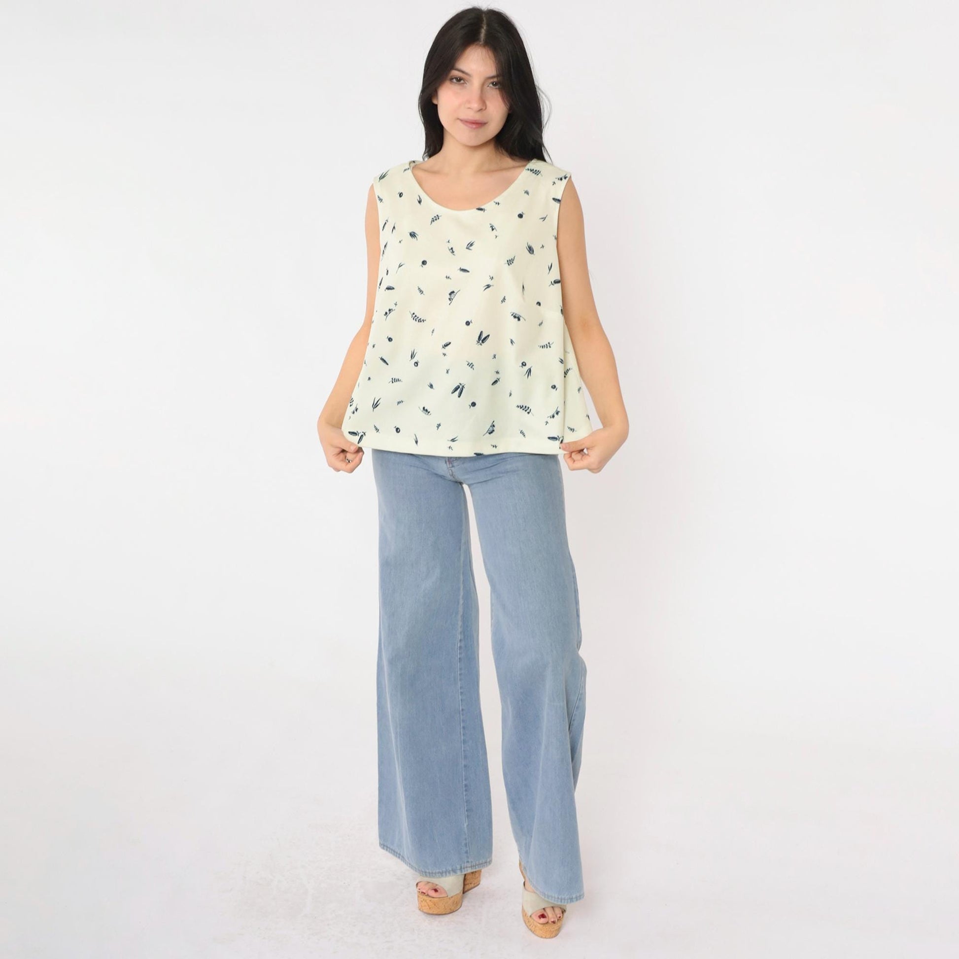 70s Cream Floral Tank Top Botanical Print Sleeveless Blouse Large L