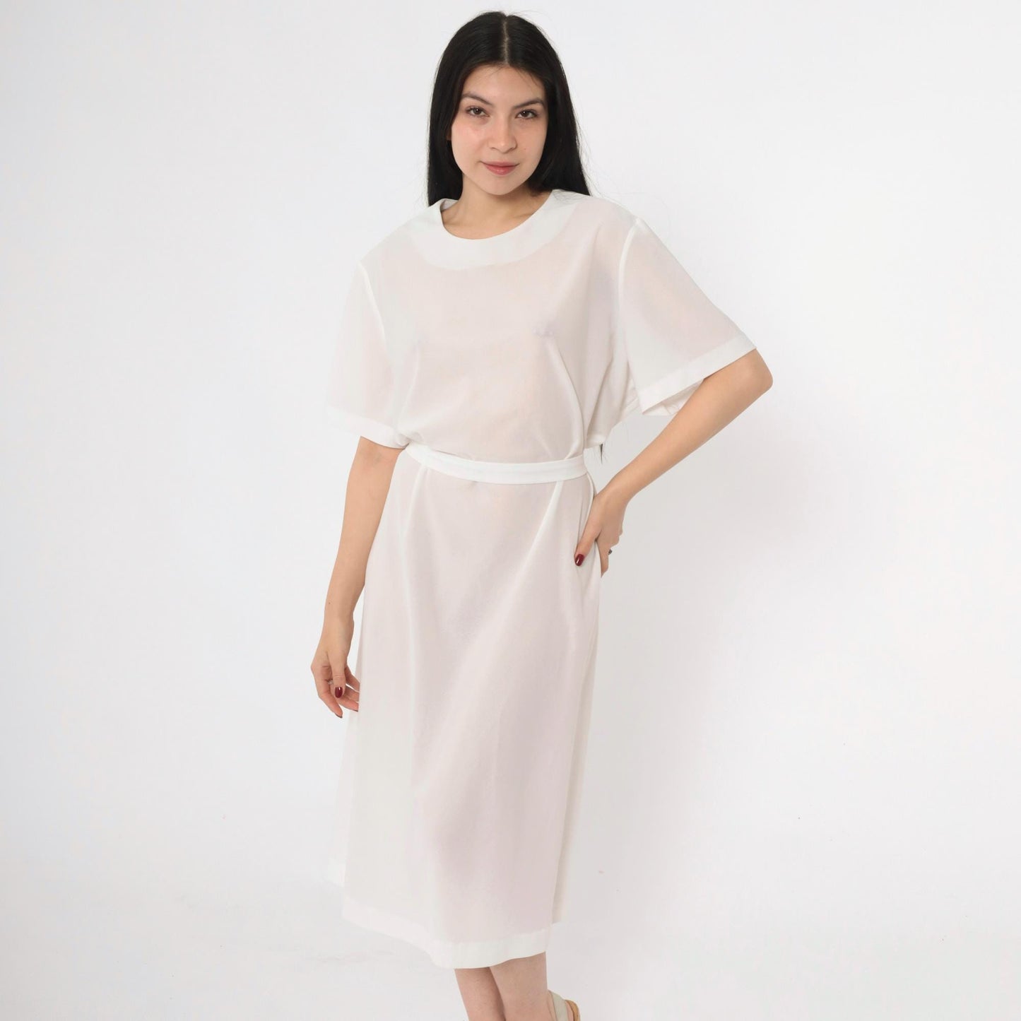 70s Sheer White Shift Dress Tie Belt Short Sleeve Mini Plus Size XXL