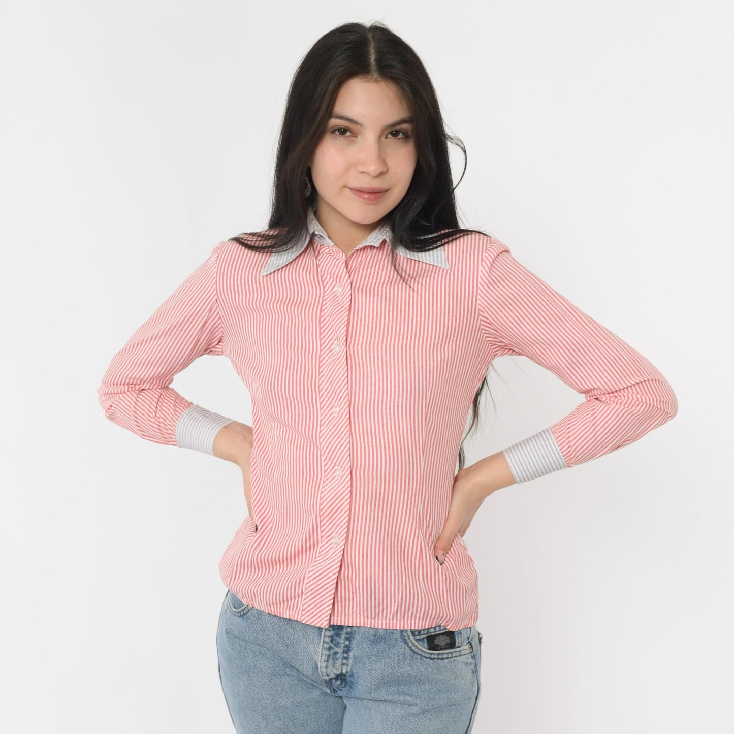 70s Red White Striped Button Up Blouse Dagger Collar Long Sleeve Extra Small