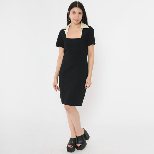 90s Mariella Burani Black Mini Dress Wool Blend Square Neck Medium M