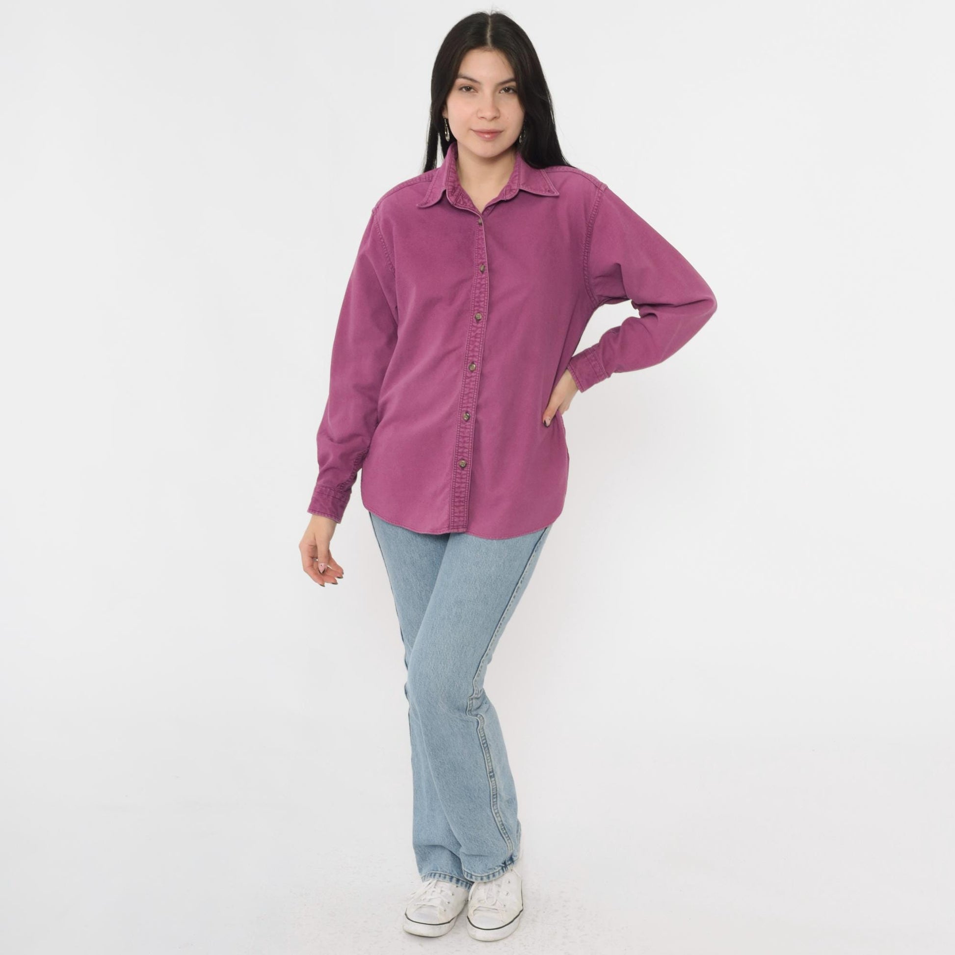 90s L.L. Bean Chamois Cloth Button-Up Shirt Purple Cotton Small S
