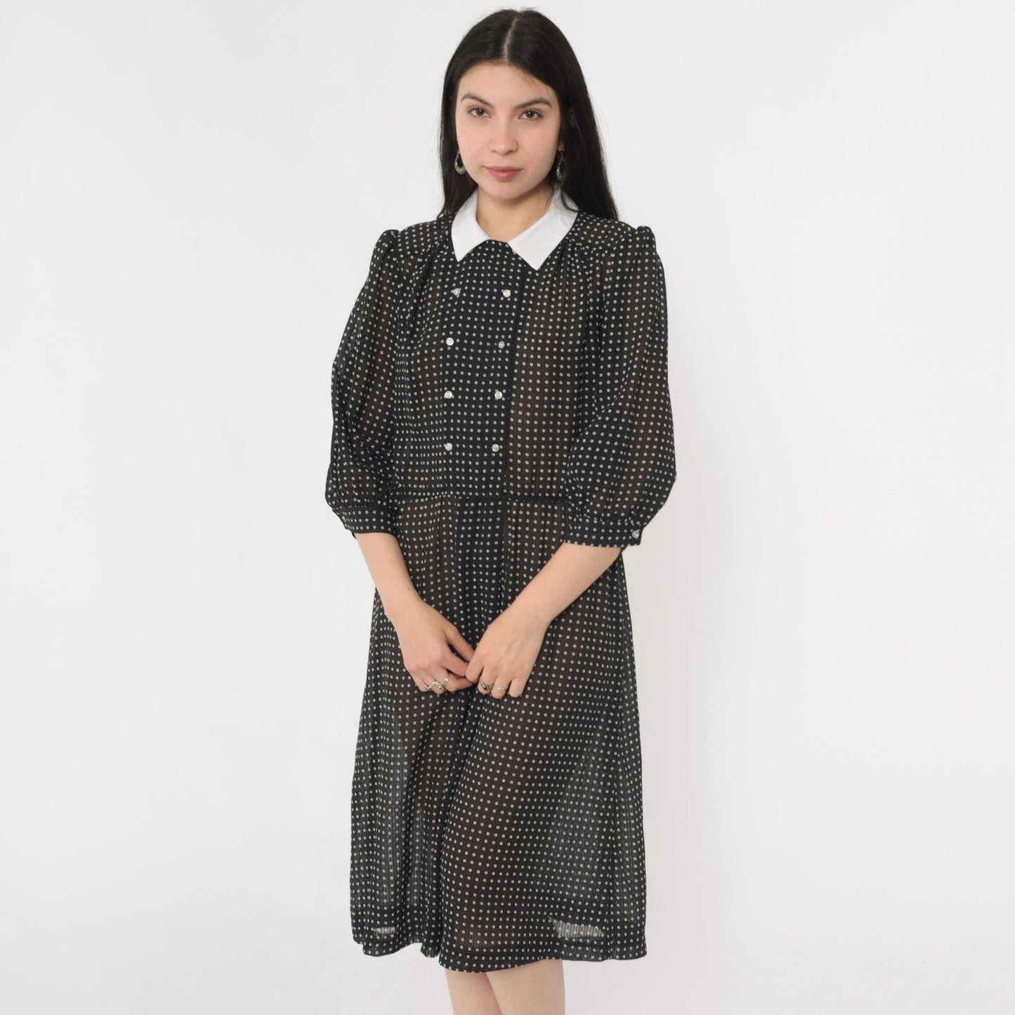 80s Black Polka Dot Midi Dress White Collar Puff Sleeve Button Front Medium M
