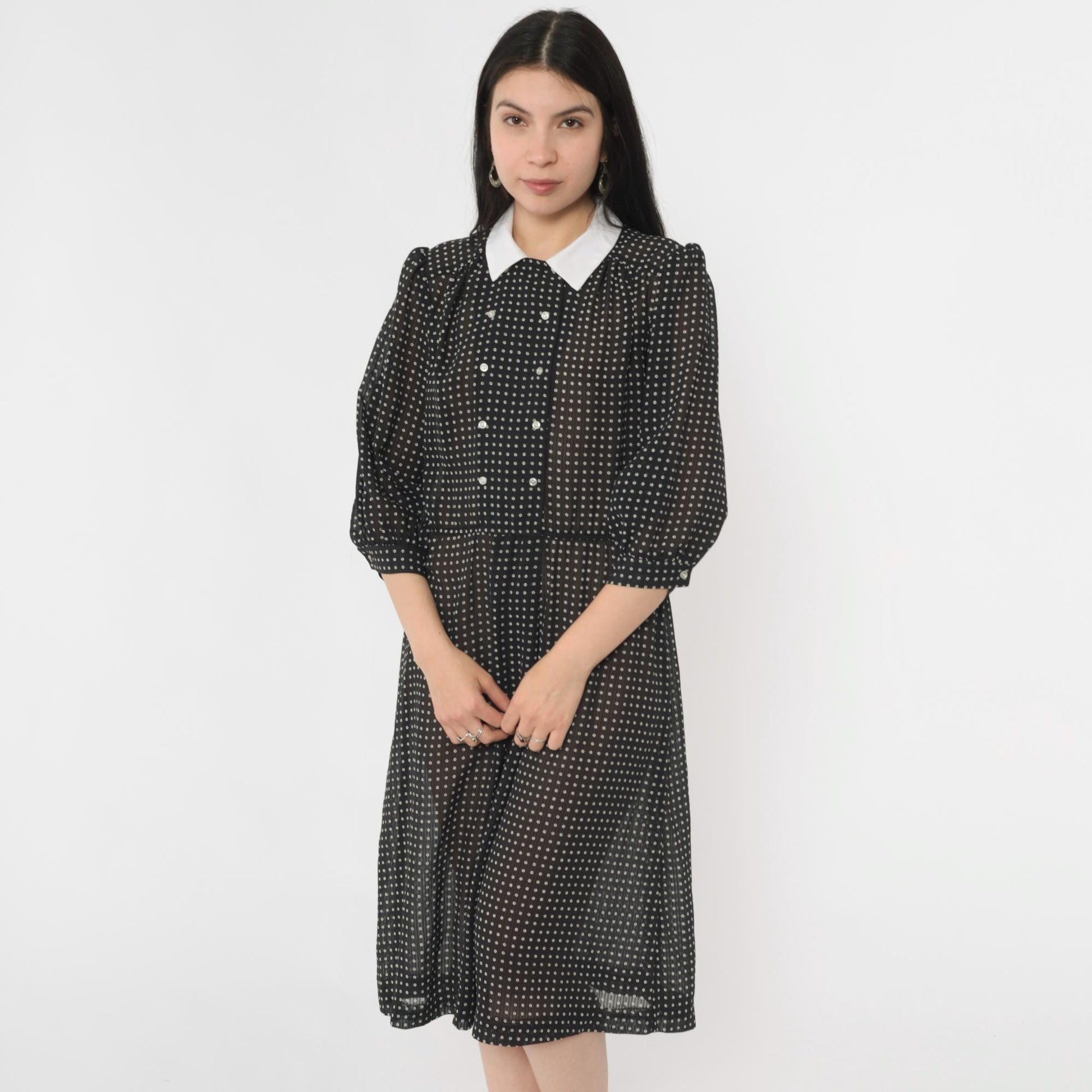 80s Black Polka Dot Midi Dress White Collar Puff Sleeve Button Front Medium M
