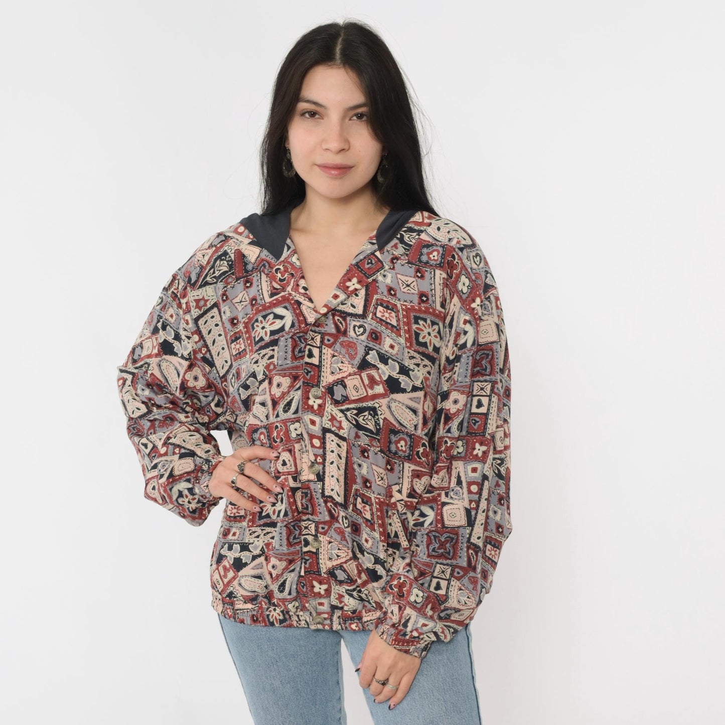 90s Patchwork Hooded Windbreaker Jacket Hearts Floral Rust Red Large L