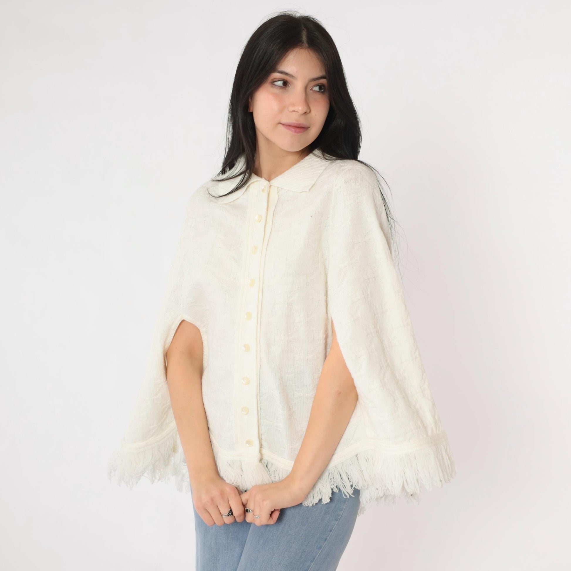 70s White Knit Poncho Button-Up Cape Fringe Trim One Size