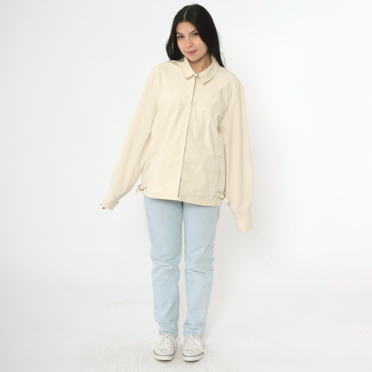 80s Cream Windbreaker Jacket Full Zip Bomber Neck Buckle Men's Medium