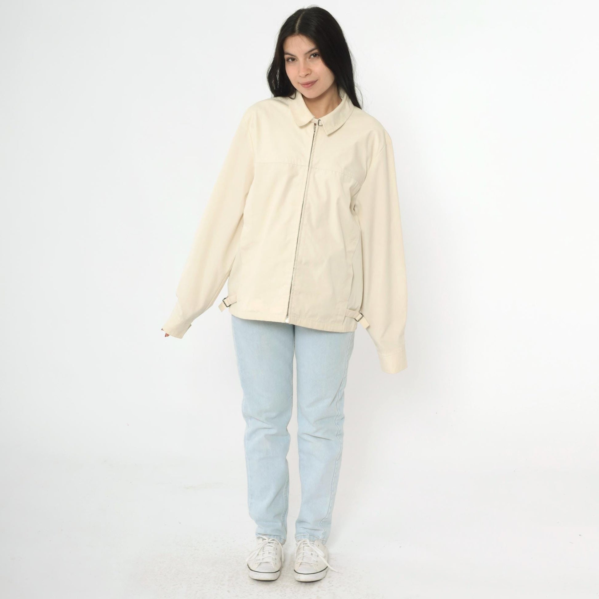 80s Cream Windbreaker Jacket Full Zip Bomber Neck Buckle Men's Medium