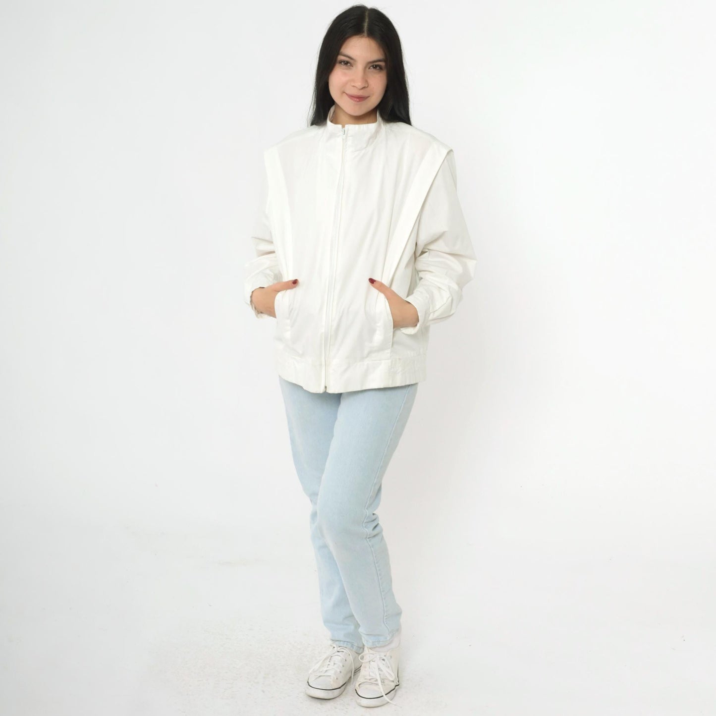 80s Members Only Jacket White Structured Pleated Bomber Windbreaker Large