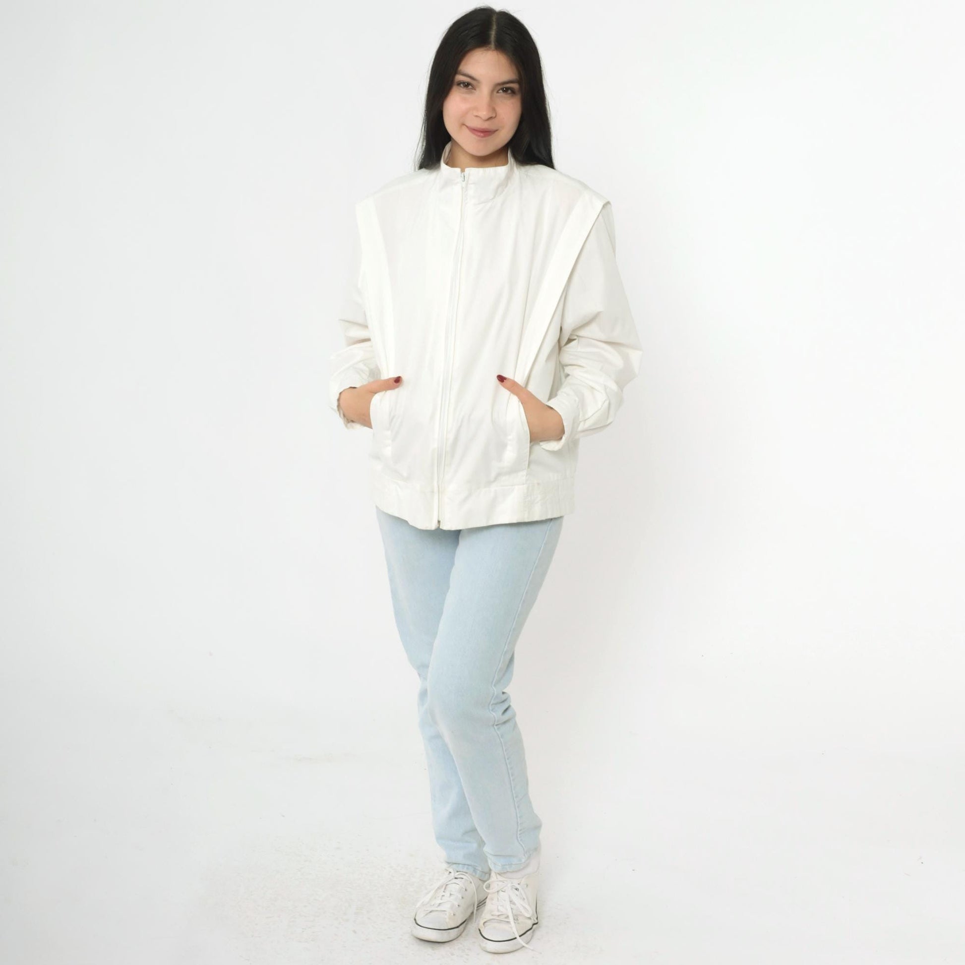 80s Members Only Jacket White Structured Pleated Bomber Windbreaker Large