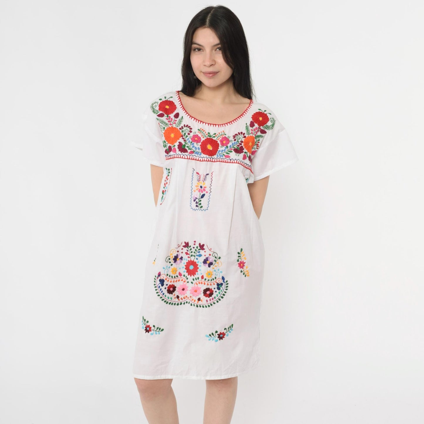 Y2K Mexican Floral Embroidered White Cotton Mini Dress Medium M